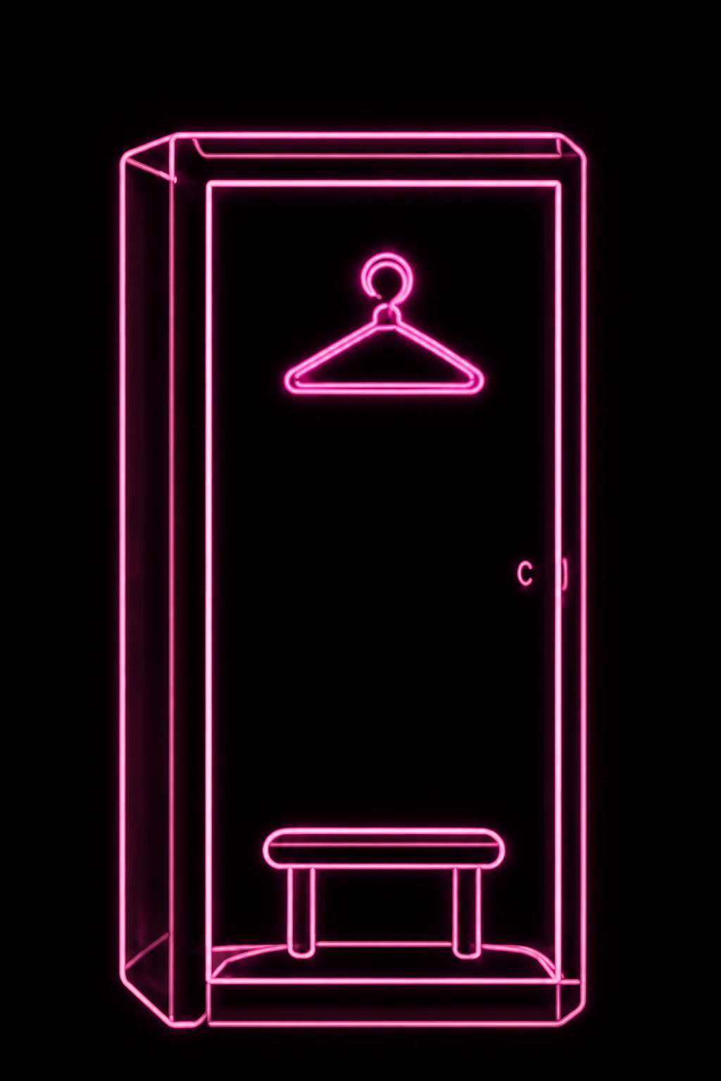 A Trend Automata Szolárium stúdió kényelmes és modern környezetét bemutató, öltözőt és ruhafogast ábrázoló neon stílusú illusztráció.
